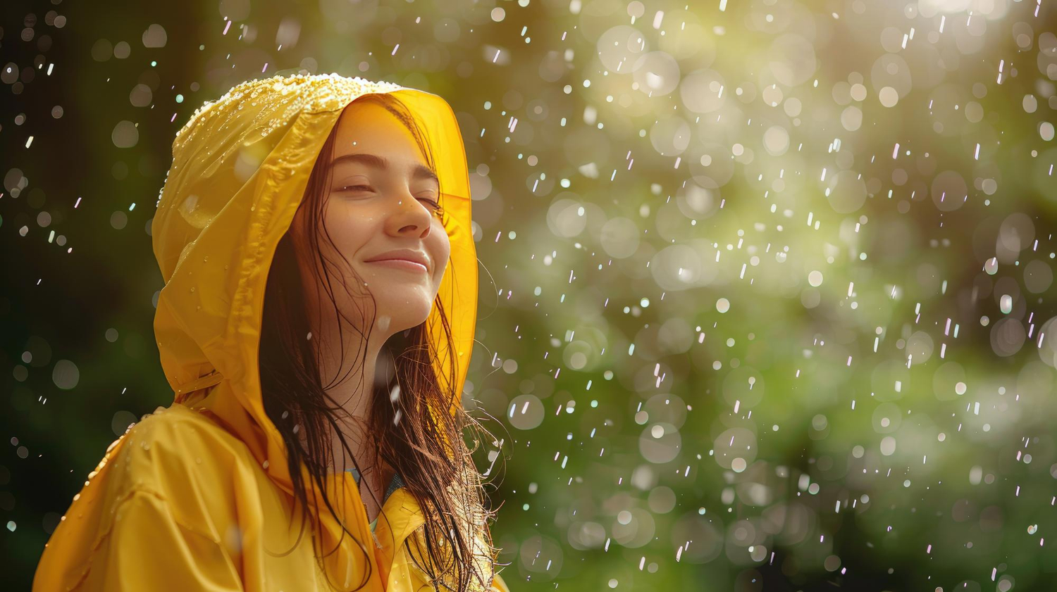 A girl in a yellow raincoat selective focus